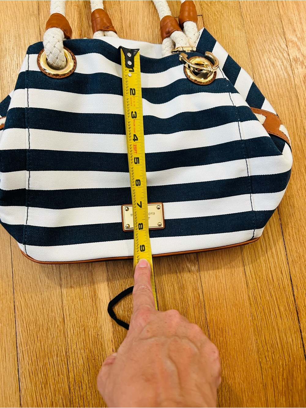 Michael Kors Navy and White Striped Rope-Handle Tote with Brown Trim - Picture 3 of 9